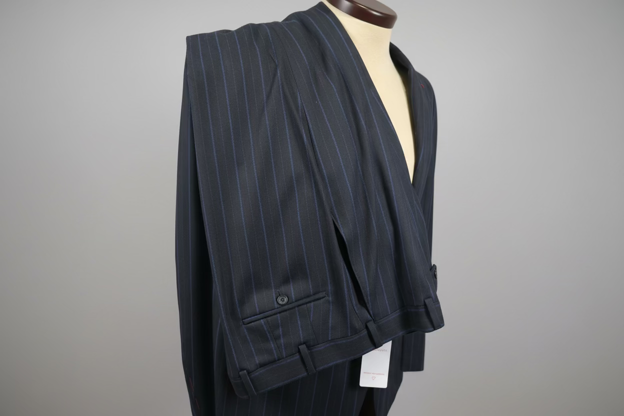 Pinstripe suit jacket on a mannequin against a plain background