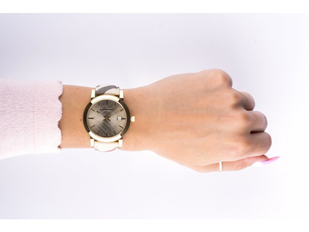 Burberry The City Gold Dial Haymarket Brown Leather Strap Watch for Women - BU9026