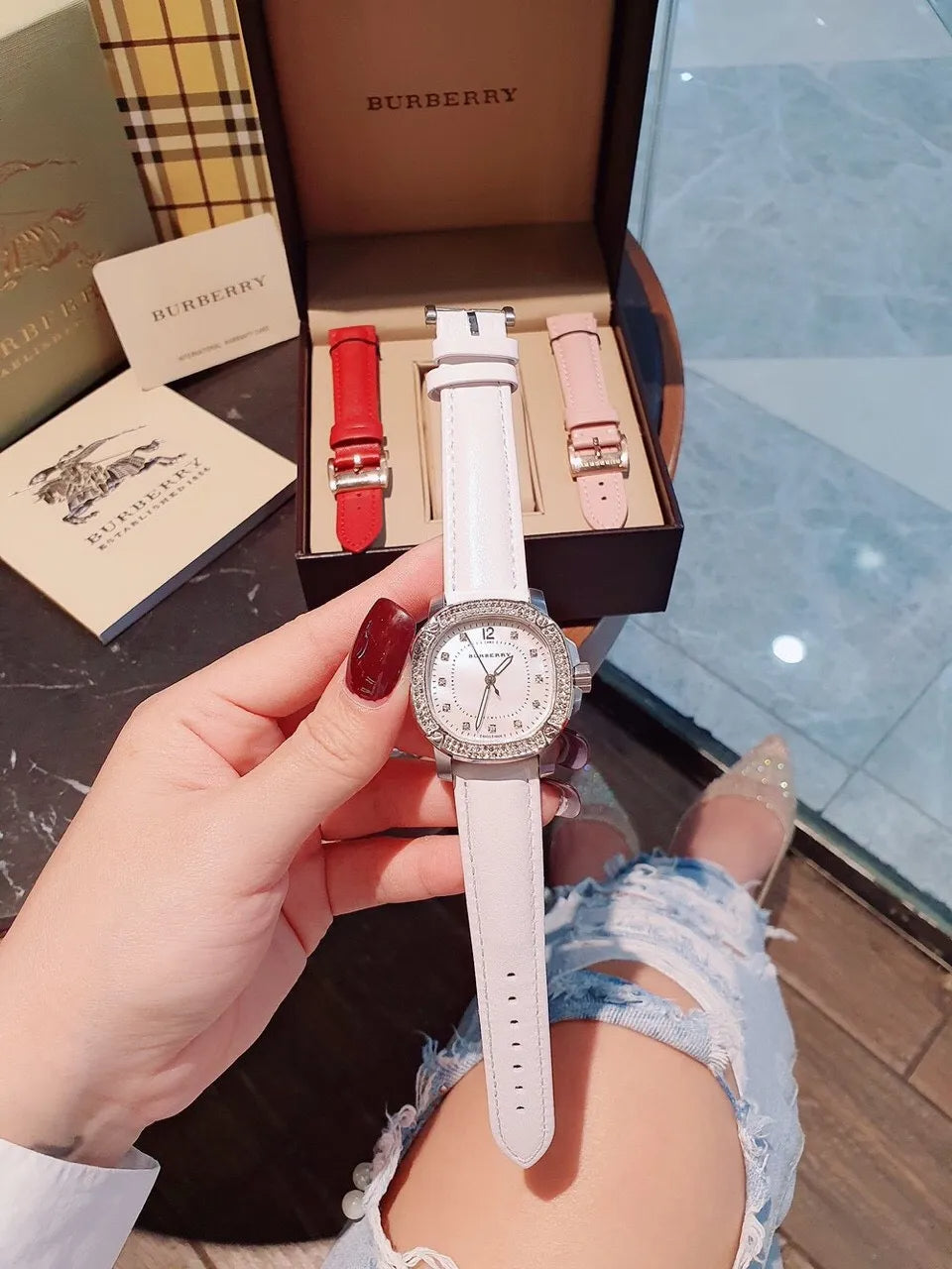 Burberry City Chronograph White Dial White Leather Strap Watch For Women - BU9701