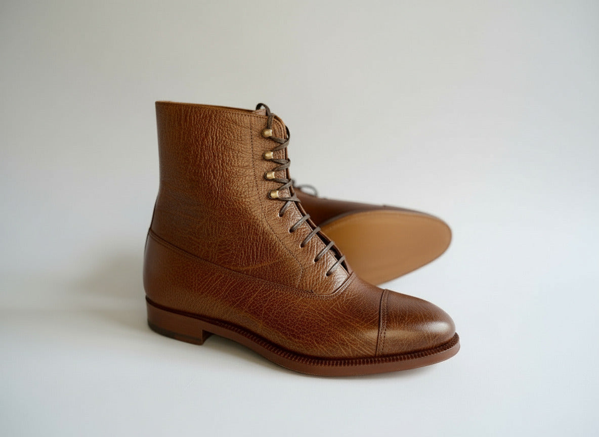 Brown leather boot with laces on a white background