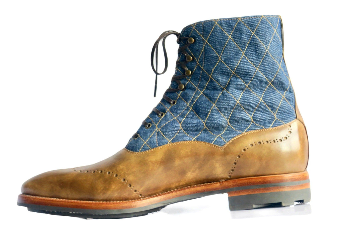 Maison Koly Mont Royal Boots Quilted Denim and Khaki Museum - maisonkoly.com Shoes