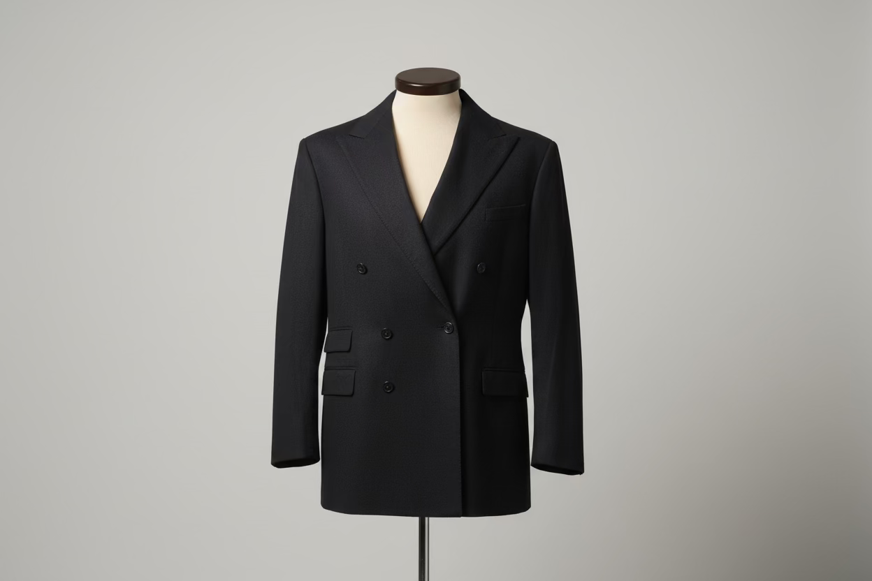 Black double-breasted suit jacket on a mannequin against a plain background