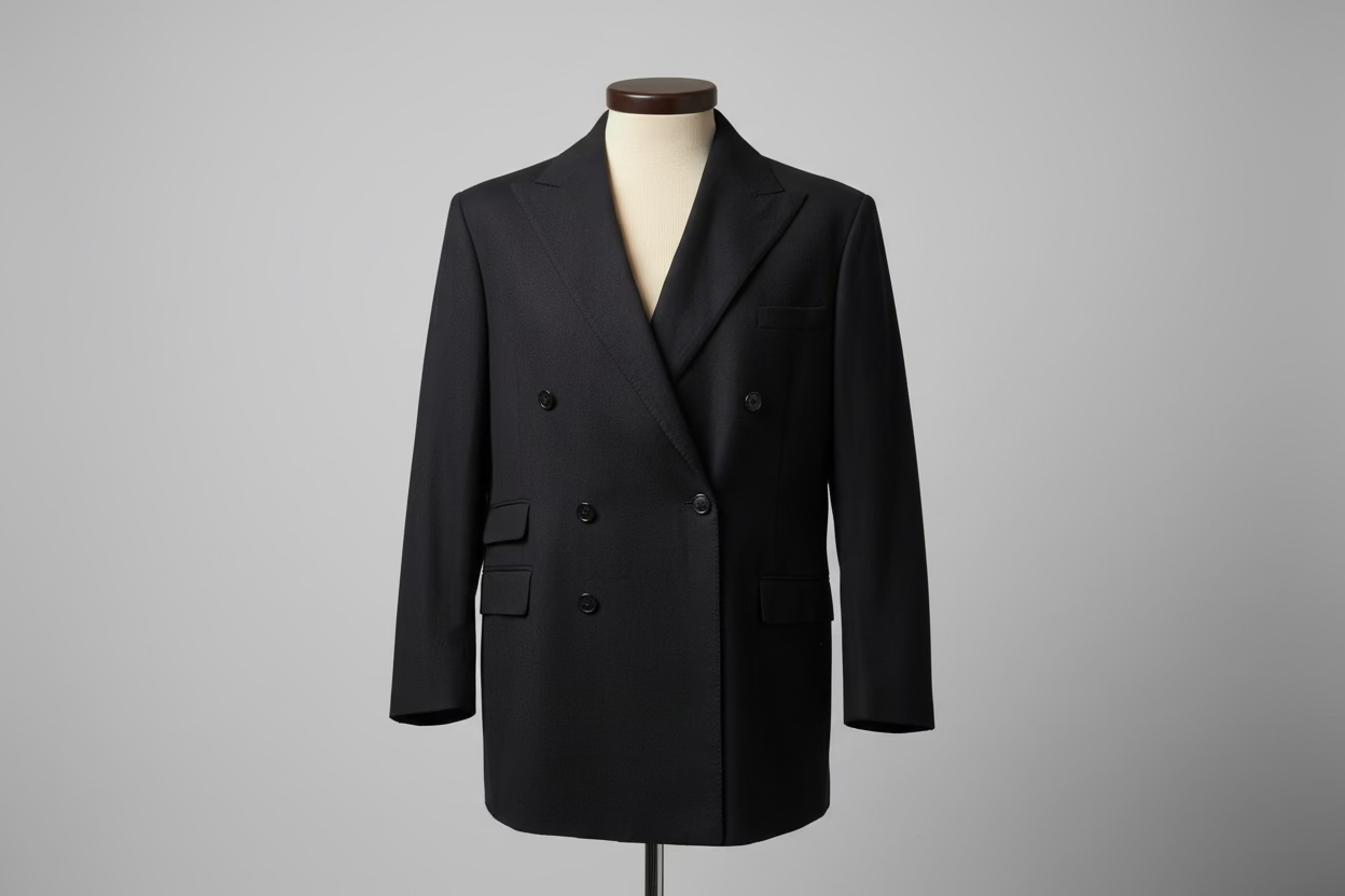 Black double-breasted suit jacket on a mannequin against a plain background
