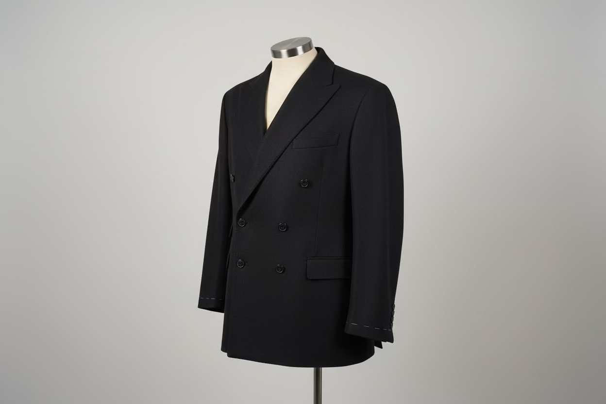 Black blazer on a mannequin against a plain background