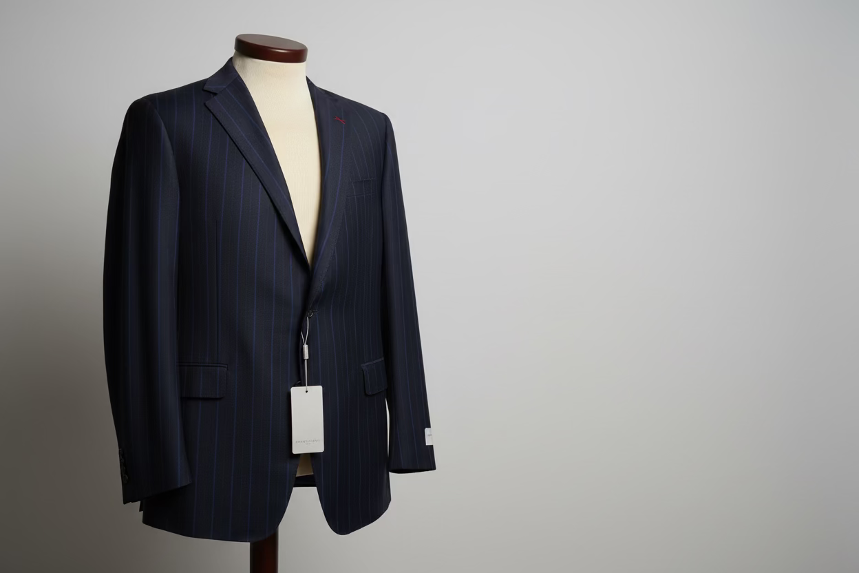 Navy pinstripe suit jacket on a mannequin against a plain background