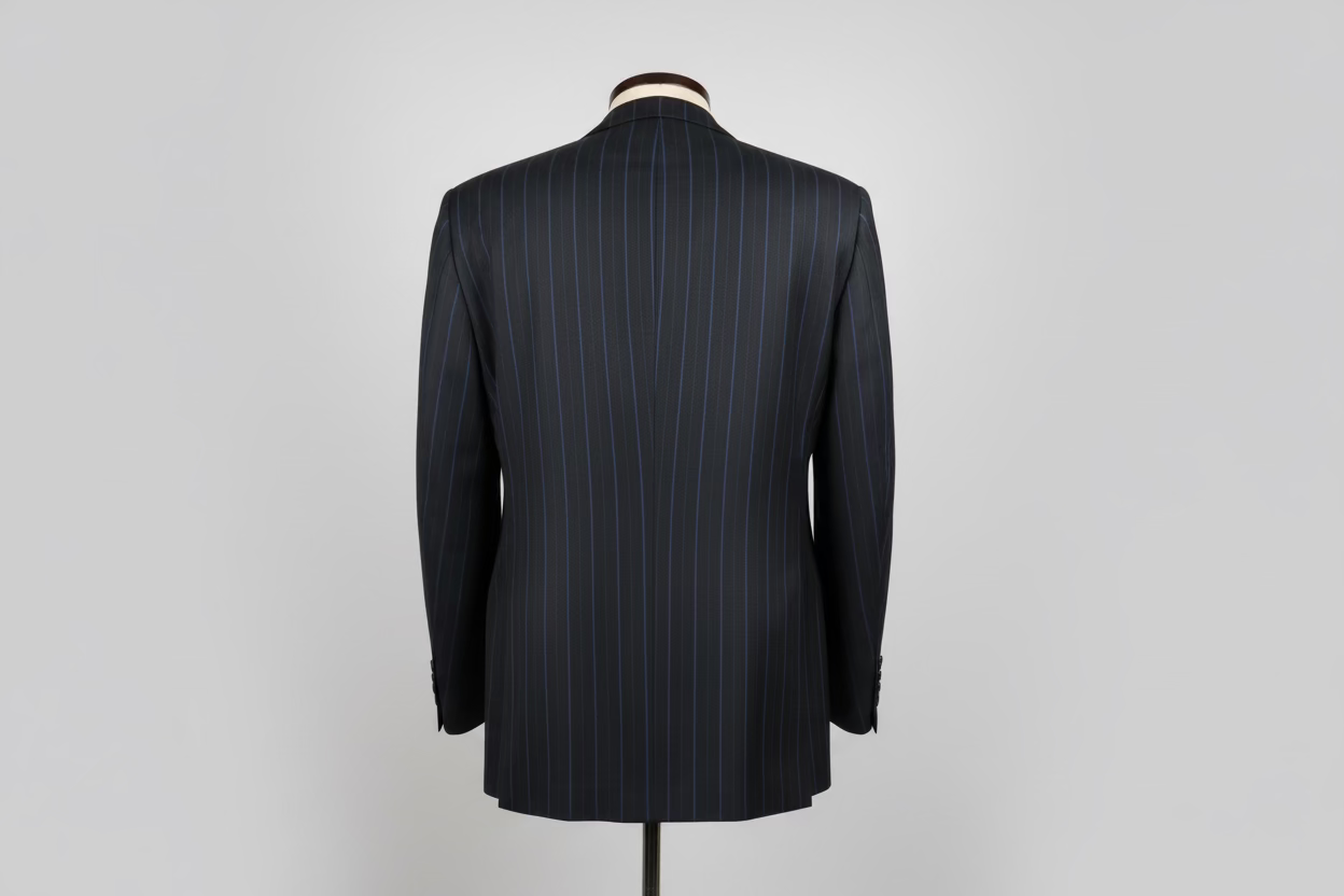 Blue pinstripe suit jacket on a wooden mannequin against a plain background