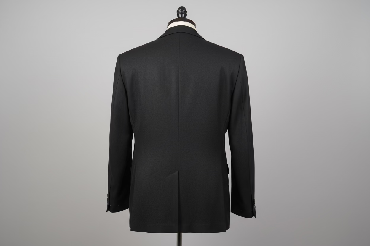Black suit jacket on a mannequin against a neutral background