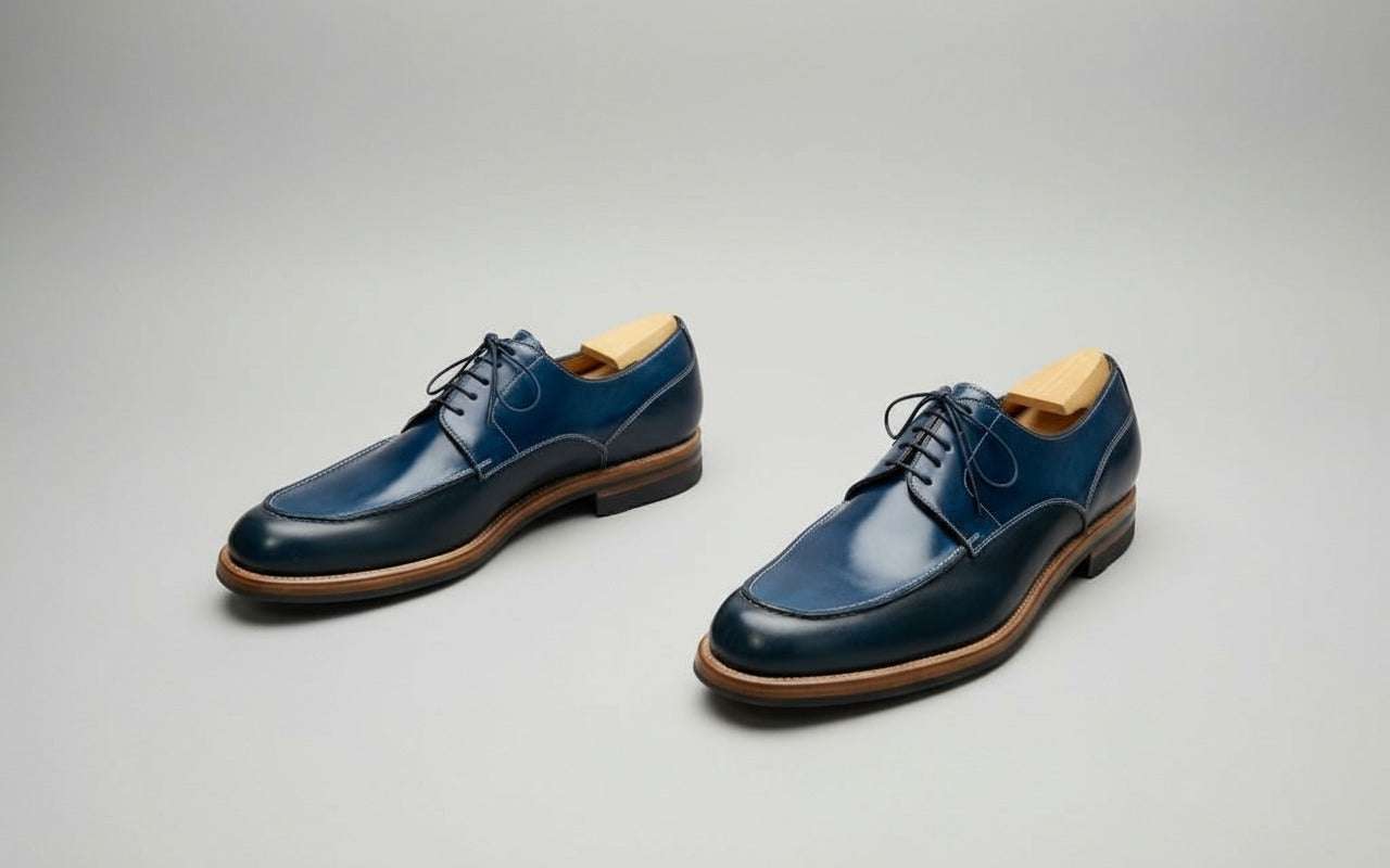 Maison Koly Riviera Derby Navy Cordovan & Ilcea green Museum oxfords by maisonkoly.com