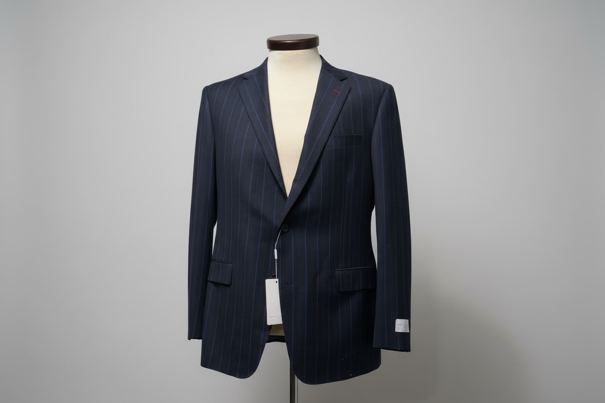 Dark pinstripe suit jacket on a mannequin with a plain background
