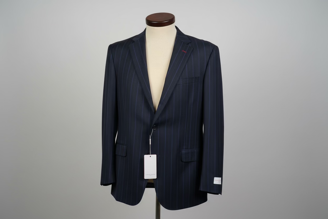 Navy pinstripe suit jacket on a mannequin with a plain background