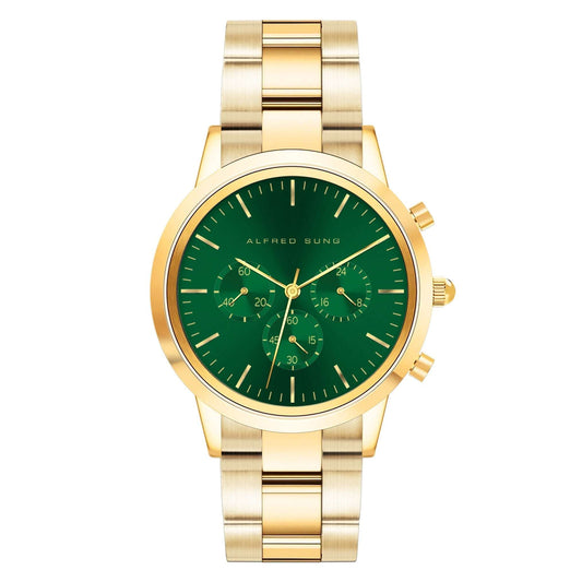 Alfred Sung Chronograph Green Sunray Dial Gold Bracelet Men's watch by Goodwatch