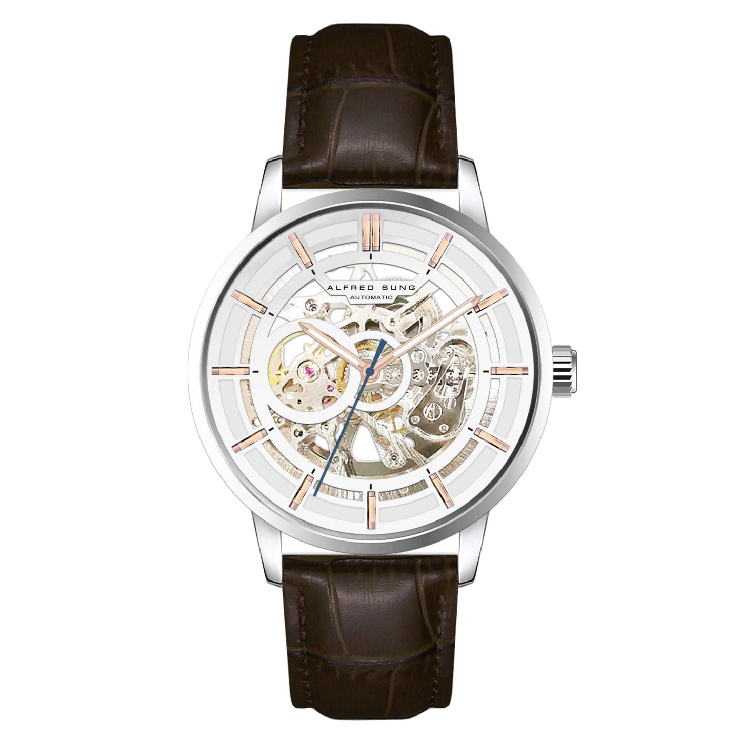 Alfred Sung Automatic III White Skeleton Dial Brown Leather Strap Men's watch by Goodwatch