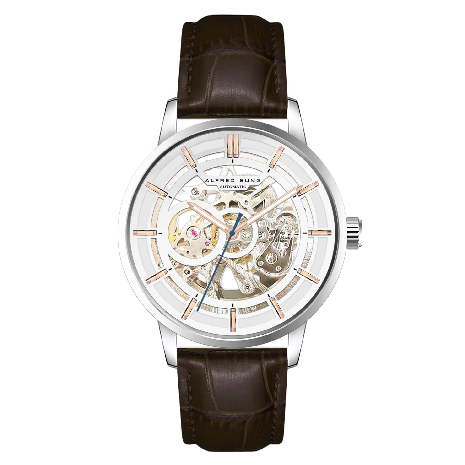 Alfred Sung Automatic III White Skeleton Dial Brown Leather Strap Men's watch by Goodwatch