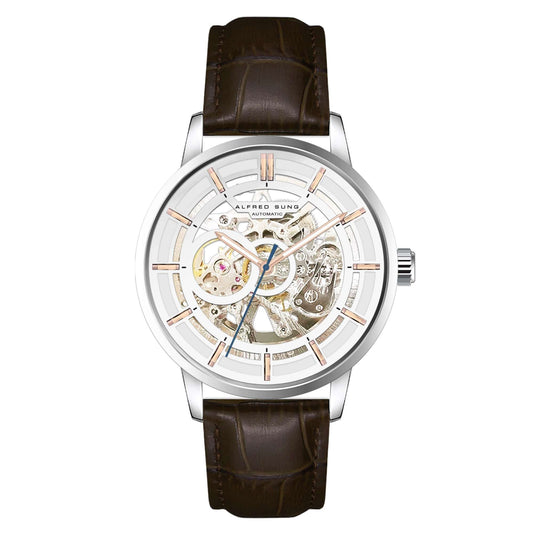 Alfred Sung Automatic III White Skeleton Dial Brown Leather Strap Men's watch by Goodwatch