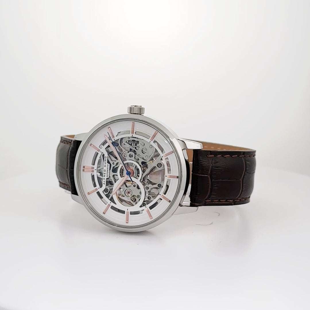 Alfred Sung Automatic III White Skeleton Dial Brown Leather Strap Men's watch by Goodwatch