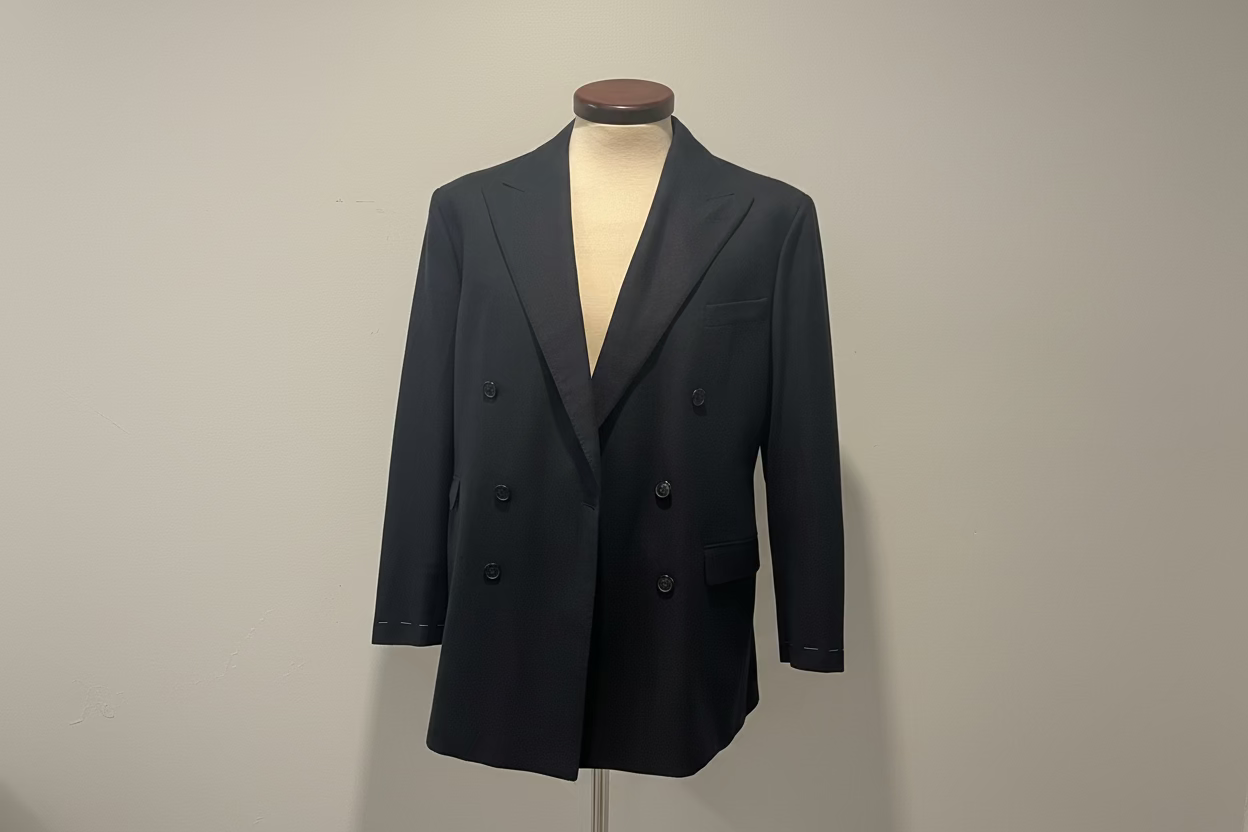 Black double-breasted jacket on a mannequin against a plain background