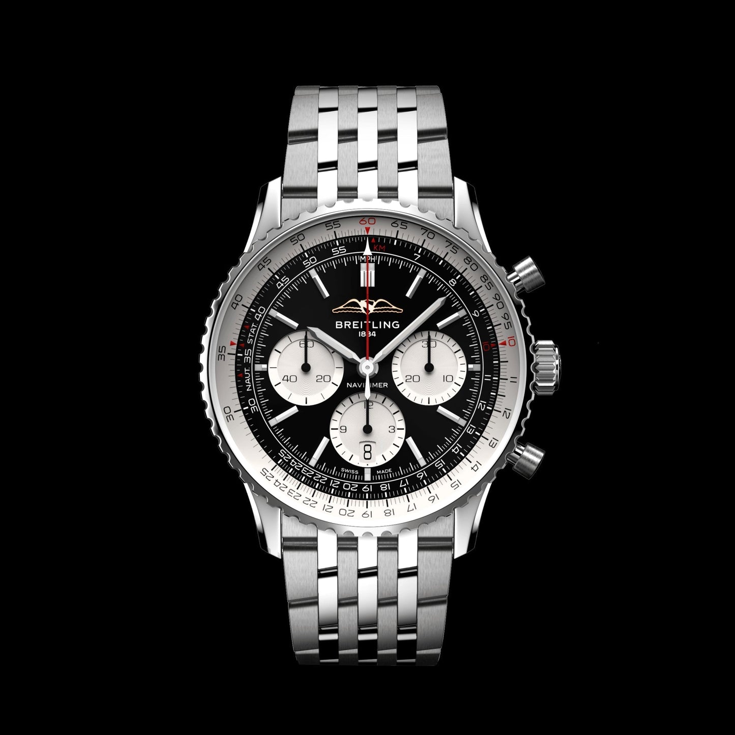 Breitling Navitimer B01 Chronograph 43 Black Dial Silver Steel Strap Watch for Men - AB0138211B1A1