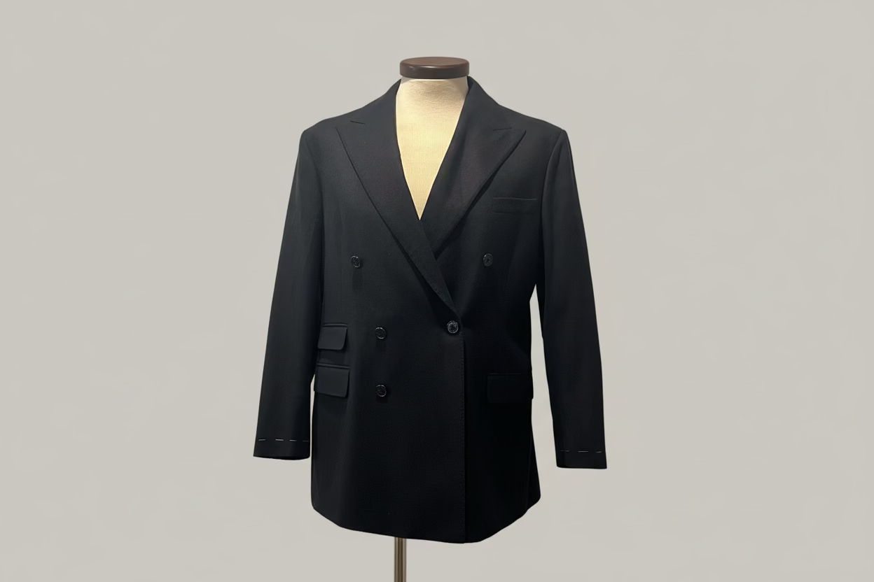 Black double-breasted suit jacket on a mannequin against a plain background