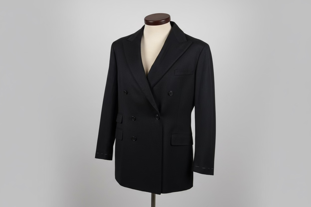 Black double-breasted blazer on a mannequin against a plain background