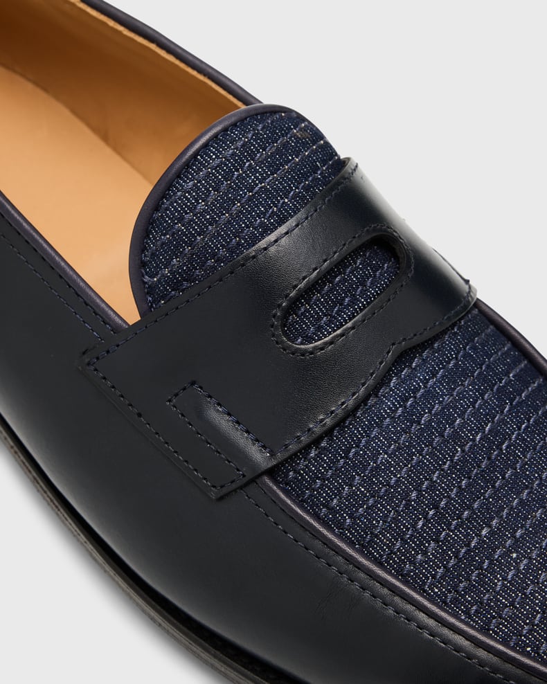 John Lobb Lopez leather and denim penny loafers by maisonkoly.com