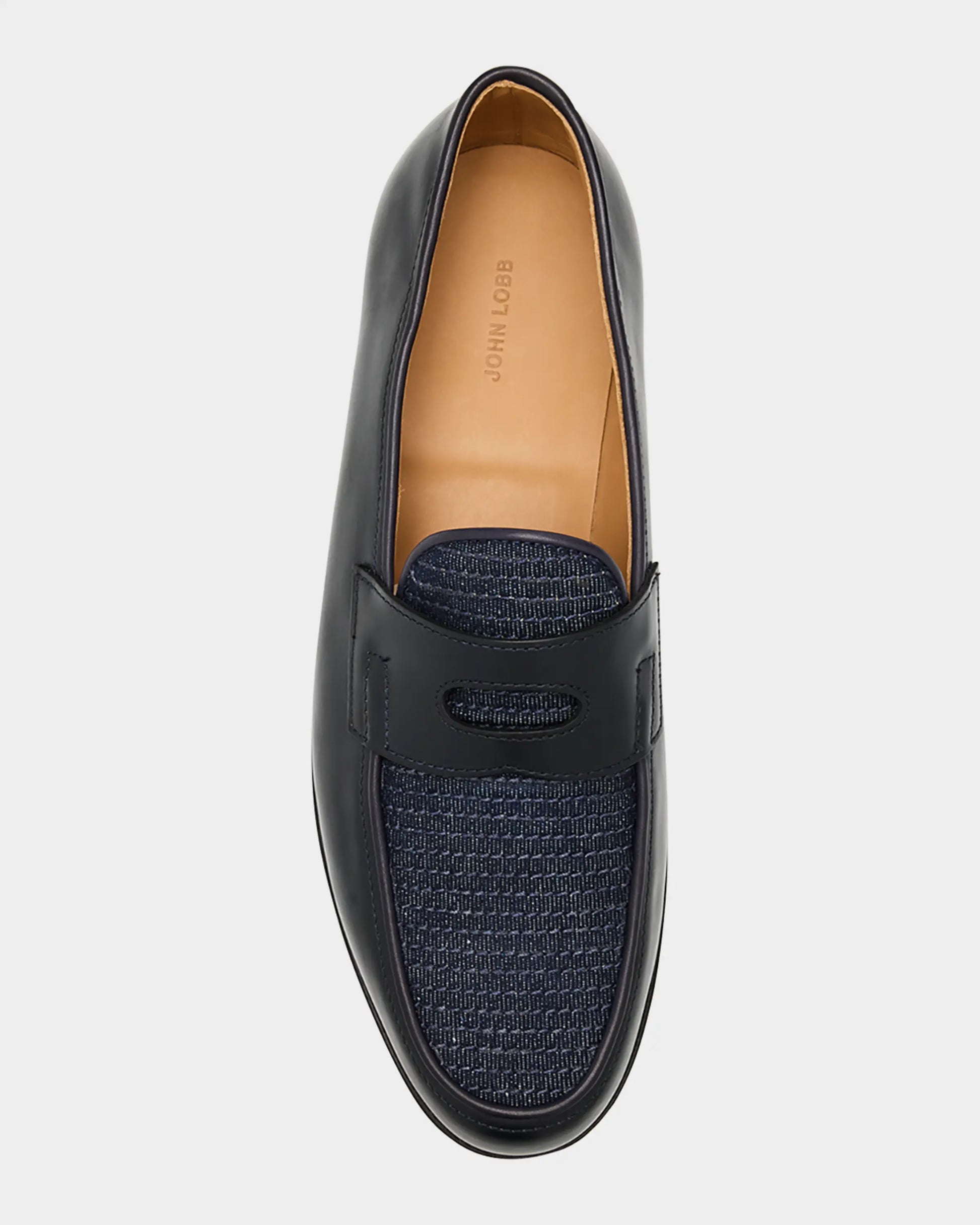 John Lobb Lopez leather and denim penny loafers by maisonkoly.com