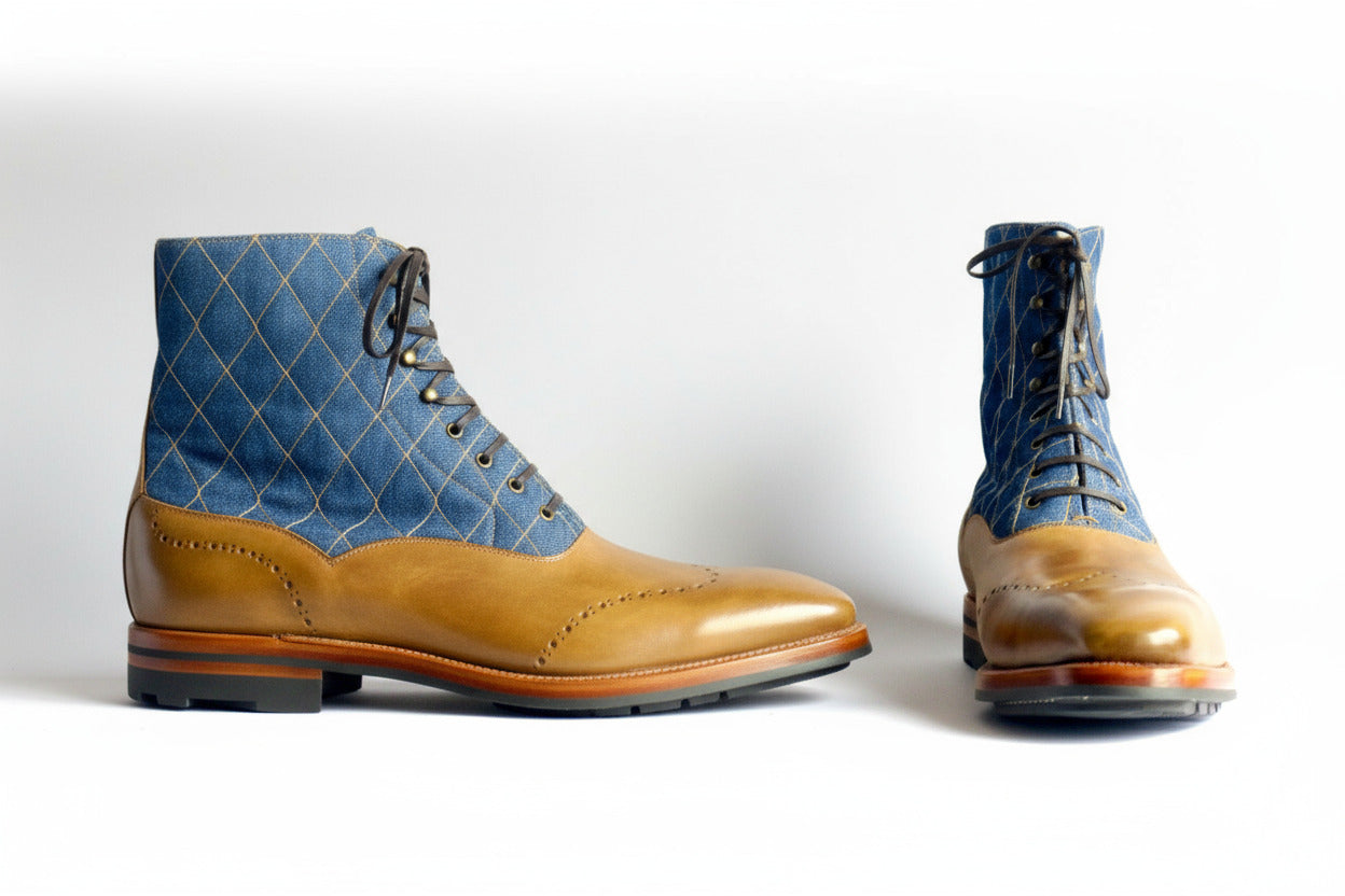 Maison Koly Mont Royal Boots Quilted Denim and Khaki Museum