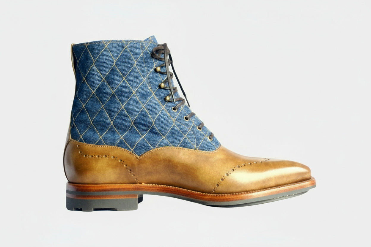 Boots with blue quilted pattern on a white background