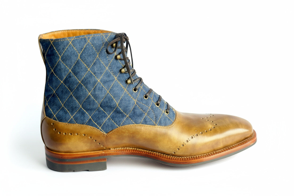 Boots with blue quilted pattern and gold accents on a white background