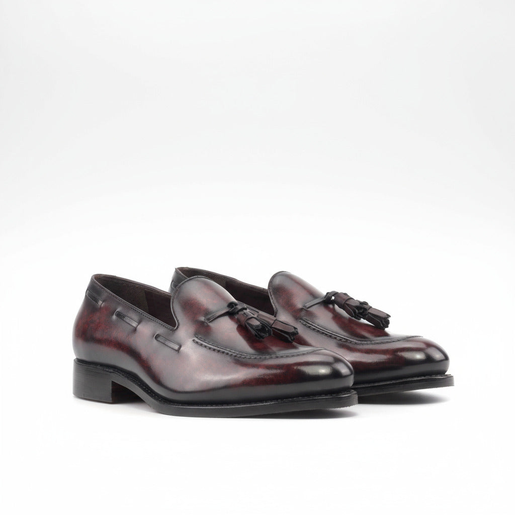 Pair of polished leather loafers with tassels on a white background