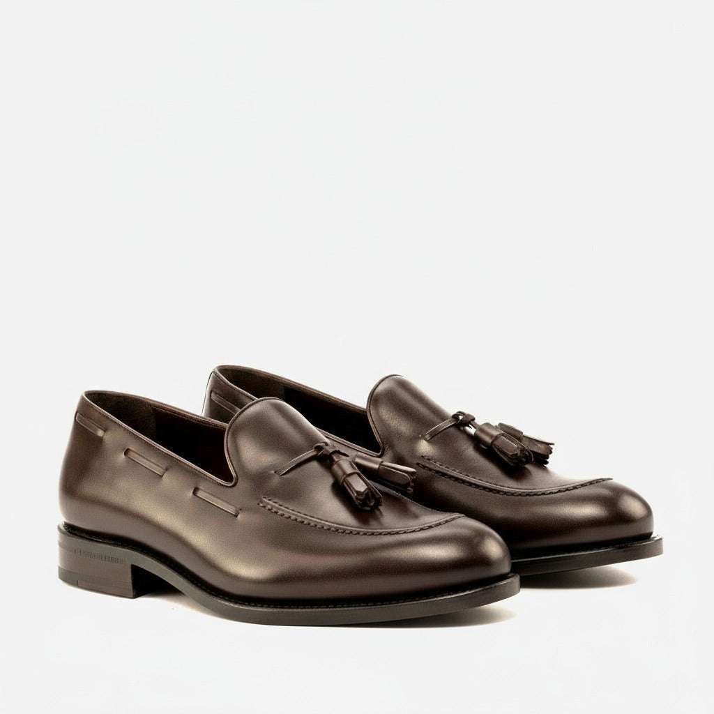 Pair of brown leather loafers with tassels on a white background