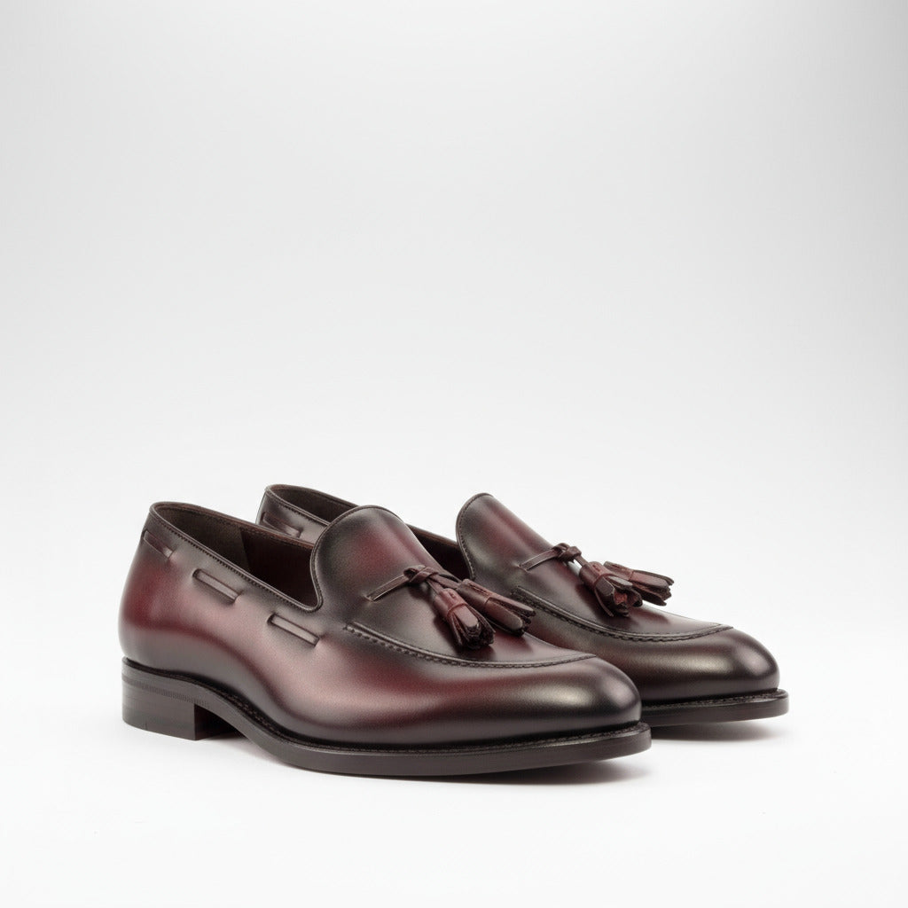 Pair of brown leather loafers with tassels on a white background