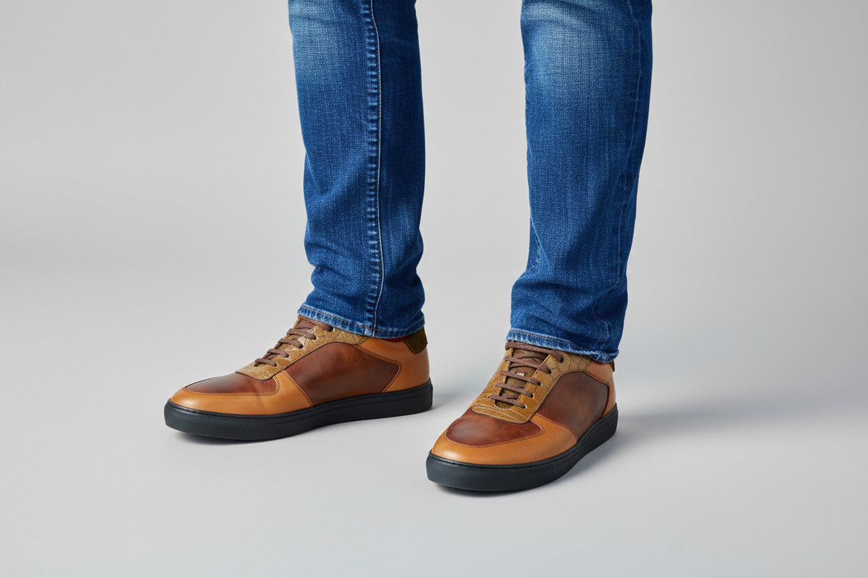 Brown leather shoes worn with blue jeans on a gray pavement.