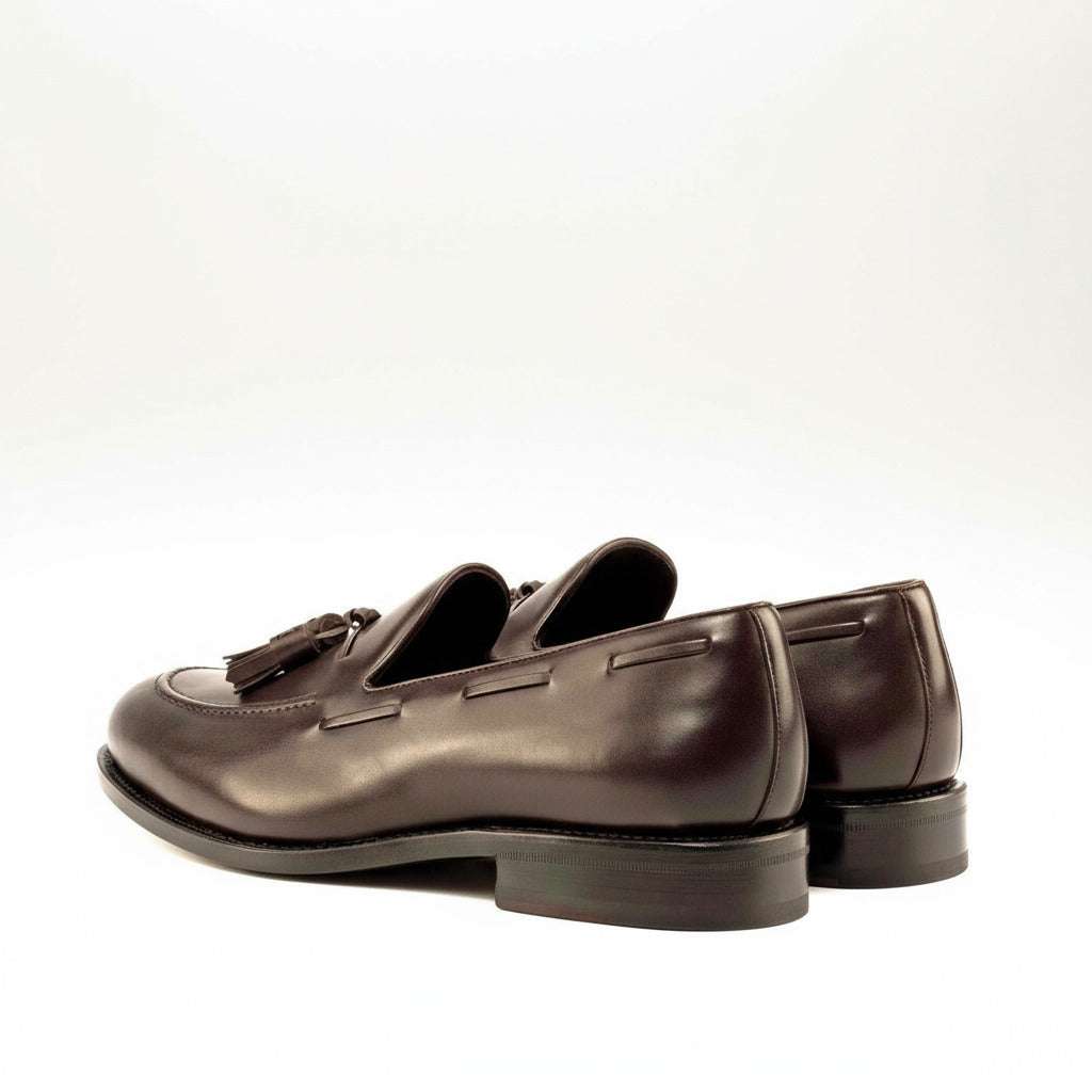 Pair of brown loafers with tassels on a white background