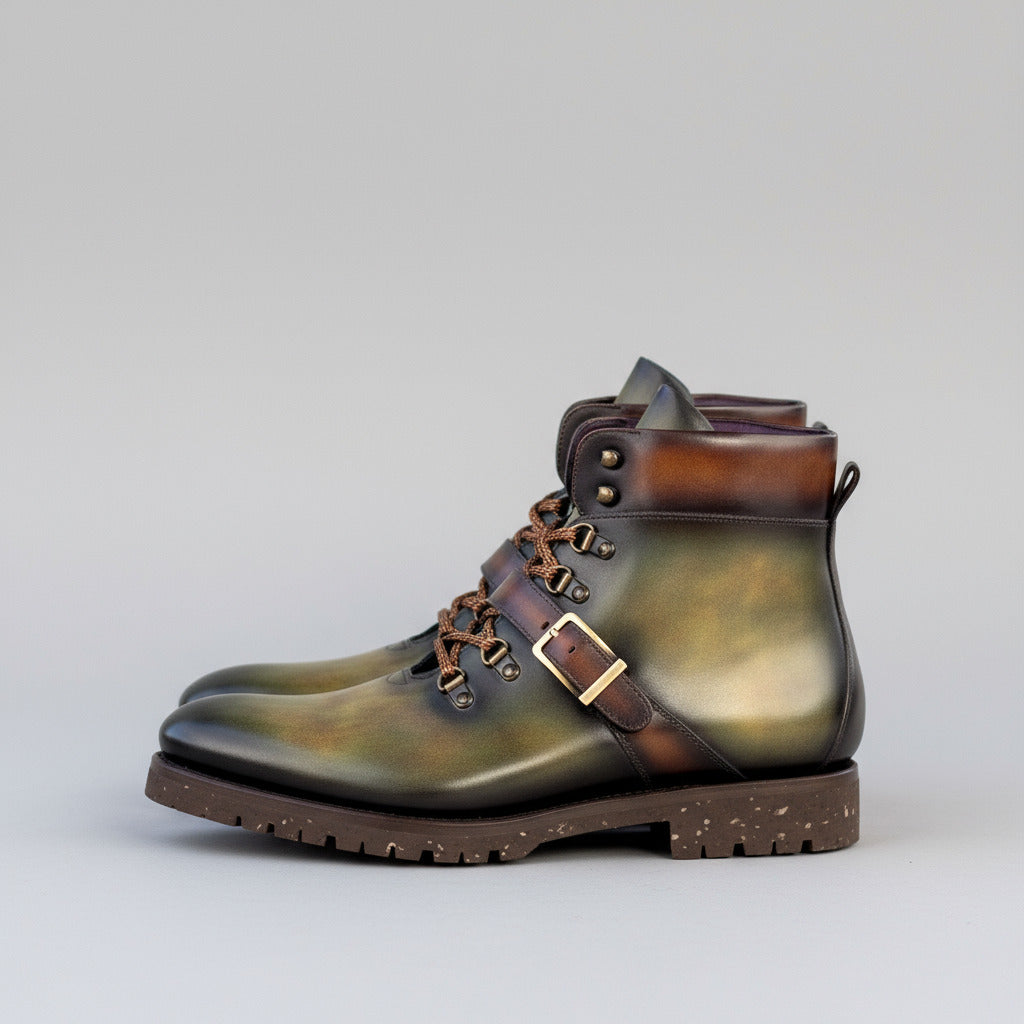Pair of green and brown leather boots with metal buckles on a wooden surface.