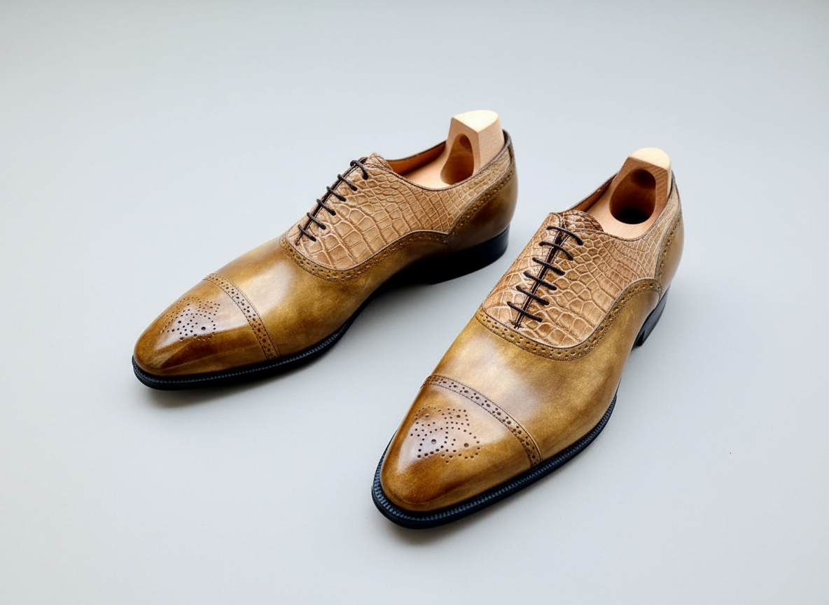 Maison Koly Magnat Oxfords Khaki Museum leather and Alligator by maisonkoly.com