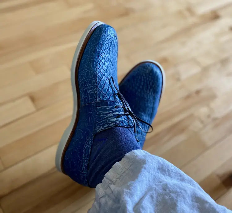 Maison Koly Zanzibar Crocodile suede Navy Boat shoes