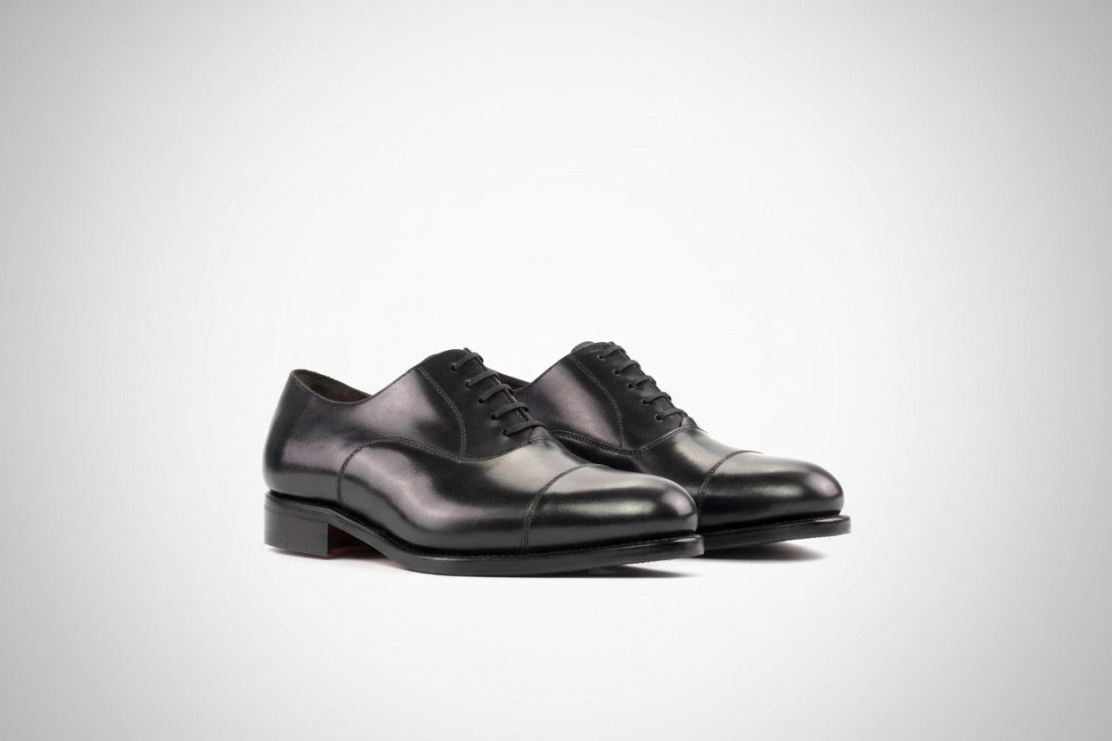 Pair of black leather dress shoes on a white background