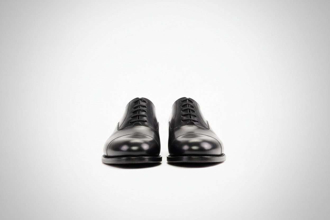 Pair of black dress shoes on a light gray background