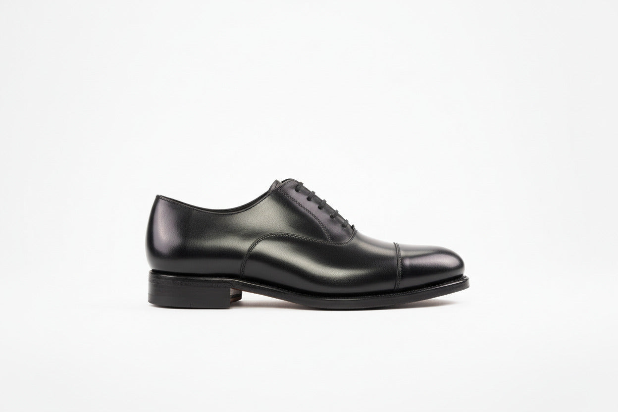 Pair of black dress shoes on a light gray background