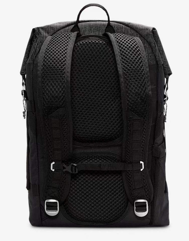 Black backpack with mesh back panel on a white background