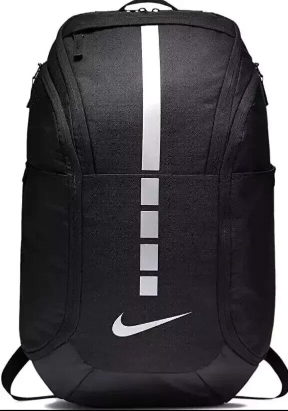 Black Nike backpack with a white stripe on a white background