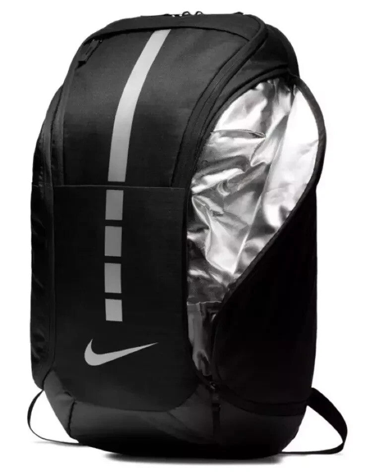 Black Nike backpack with a reflective interior on a white background
