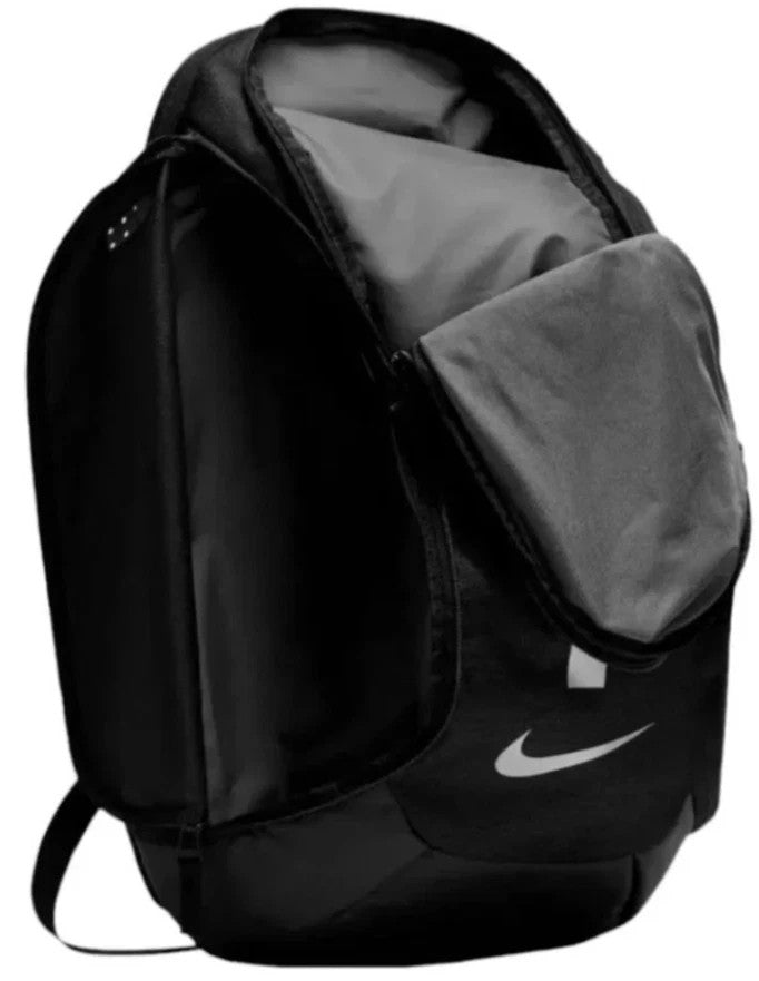 Black Nike backpack with a gray interior on a white background