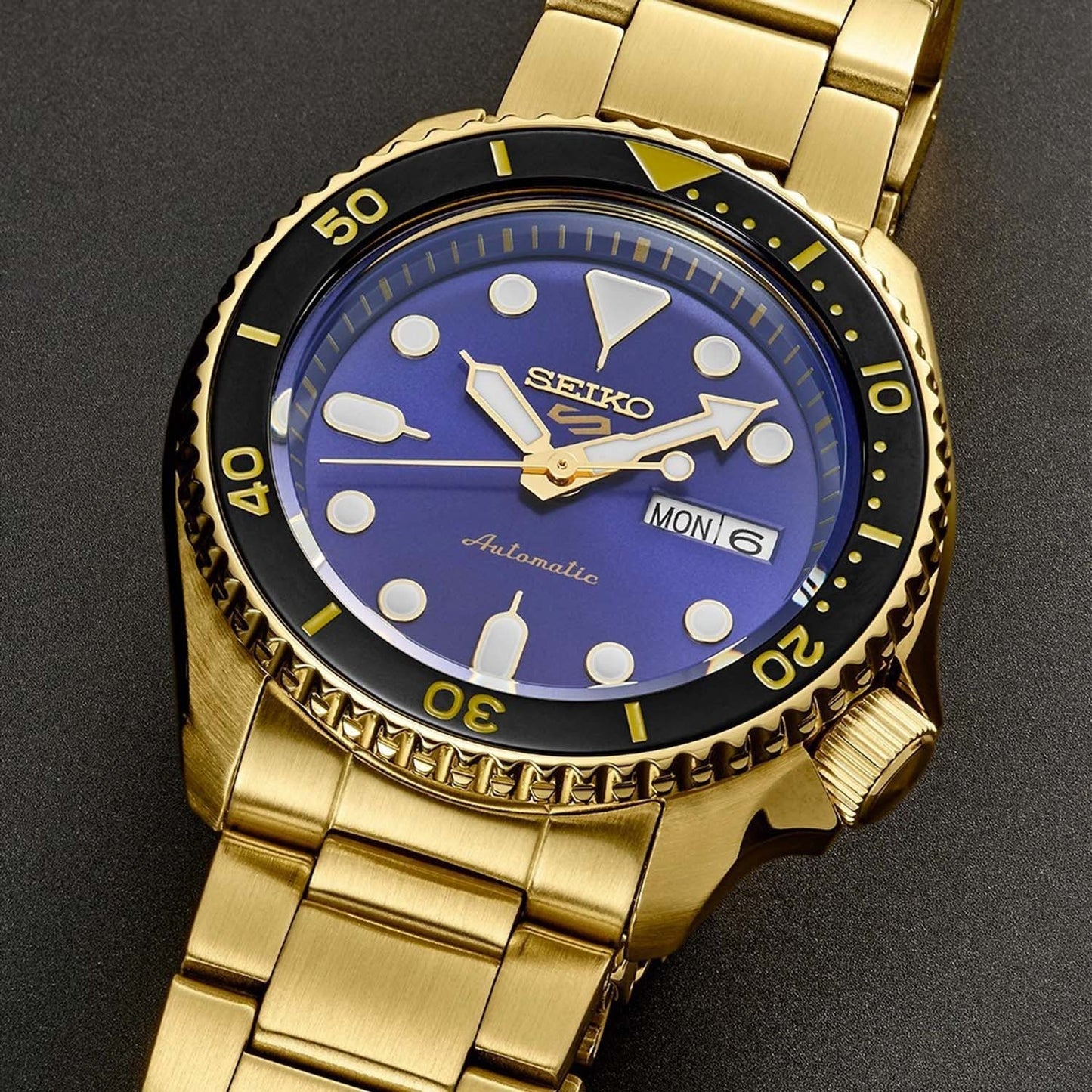 Seiko 5 Sports US Special Edition Automatic Blue Dial Gold Steel Strap Watch For Men - SRPK20