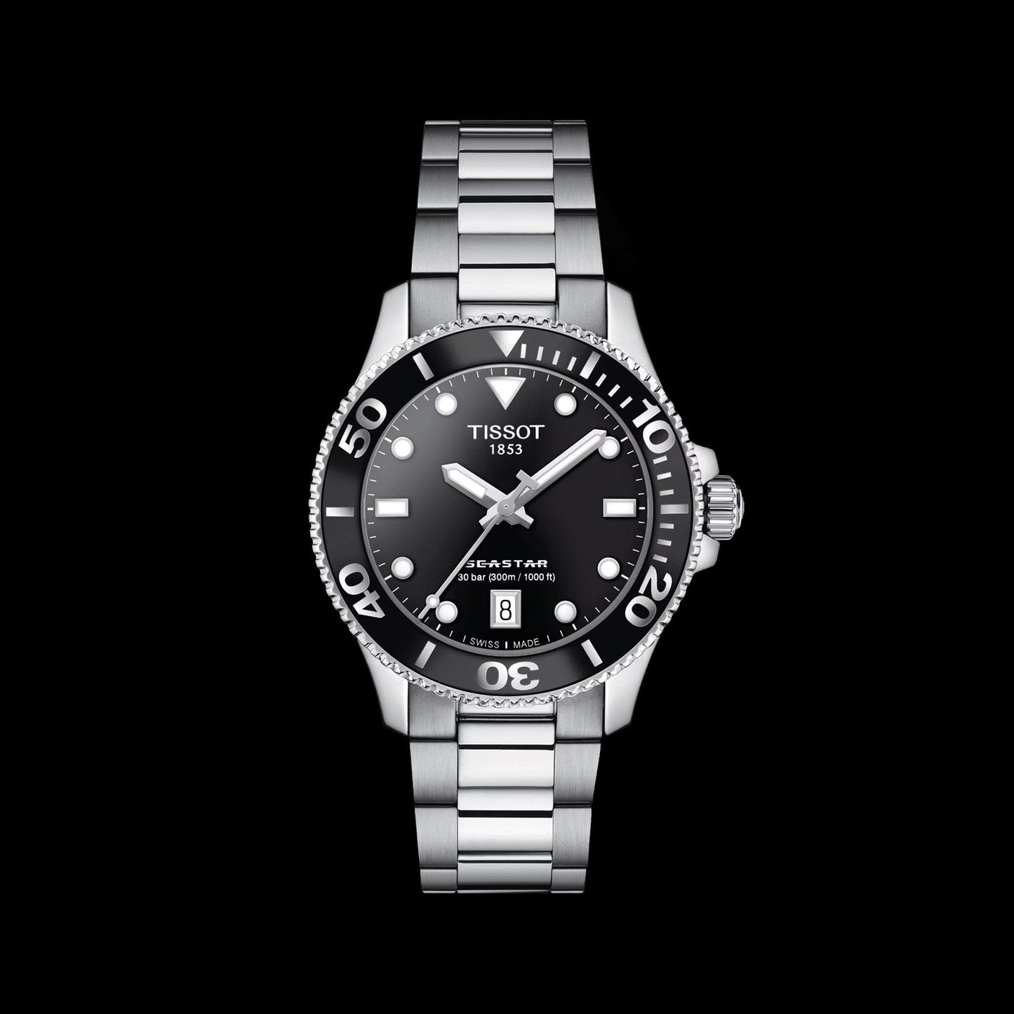 Tissot Seastar 1000 Lady Black Dial Silver Steel Strap Watch for Women - T120.210.11.051.00