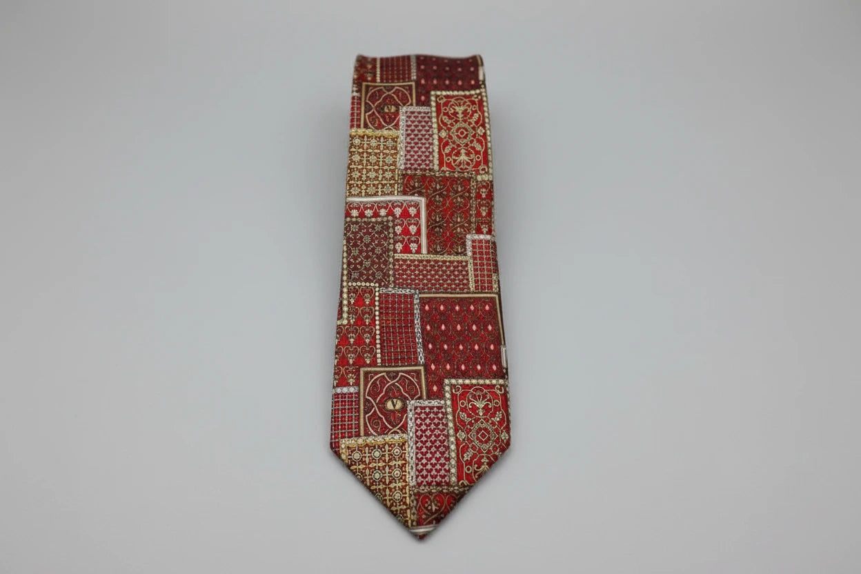 Red patterned tie on a reflective surface