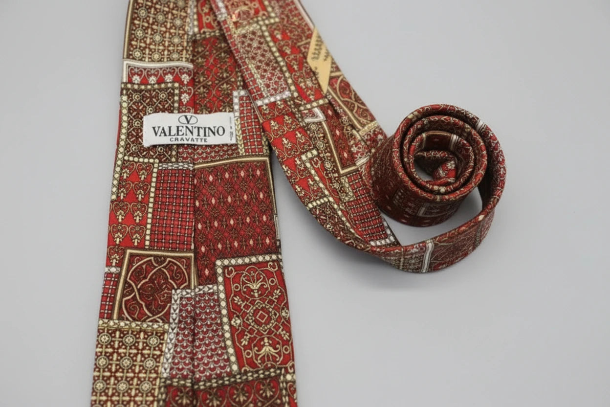 Valentino patterned tie on a stand with a blurred background