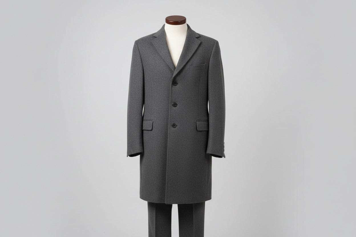 Gray coat on a mannequin against a plain background