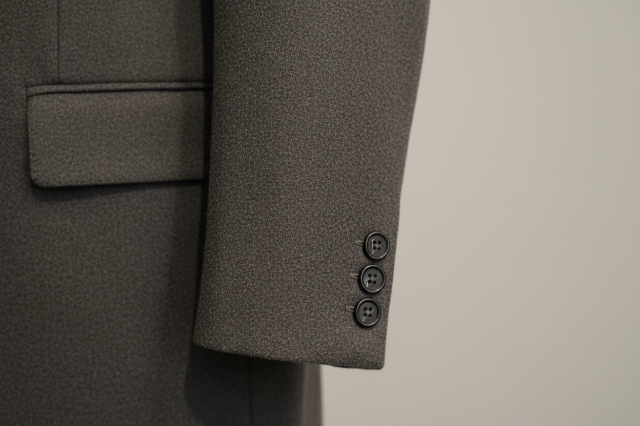 Close-up of a textured gray fabric with buttons on a light background