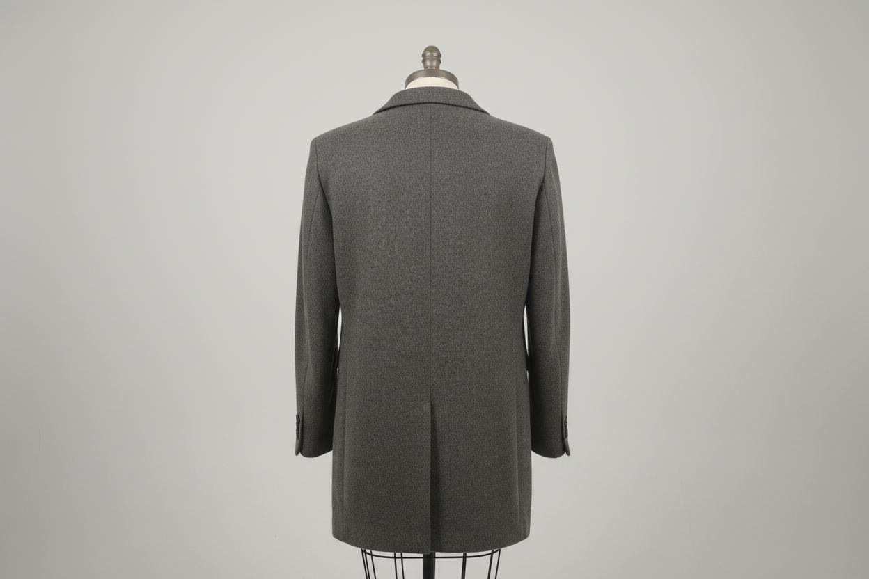 Gray suit jacket on a mannequin with a blurred background